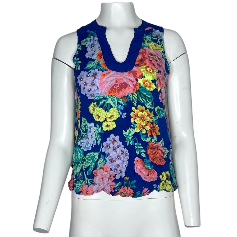 Marge Melange Floral Sleeveless Top Blue sz 10 XS-Small V Neck Anthropologie